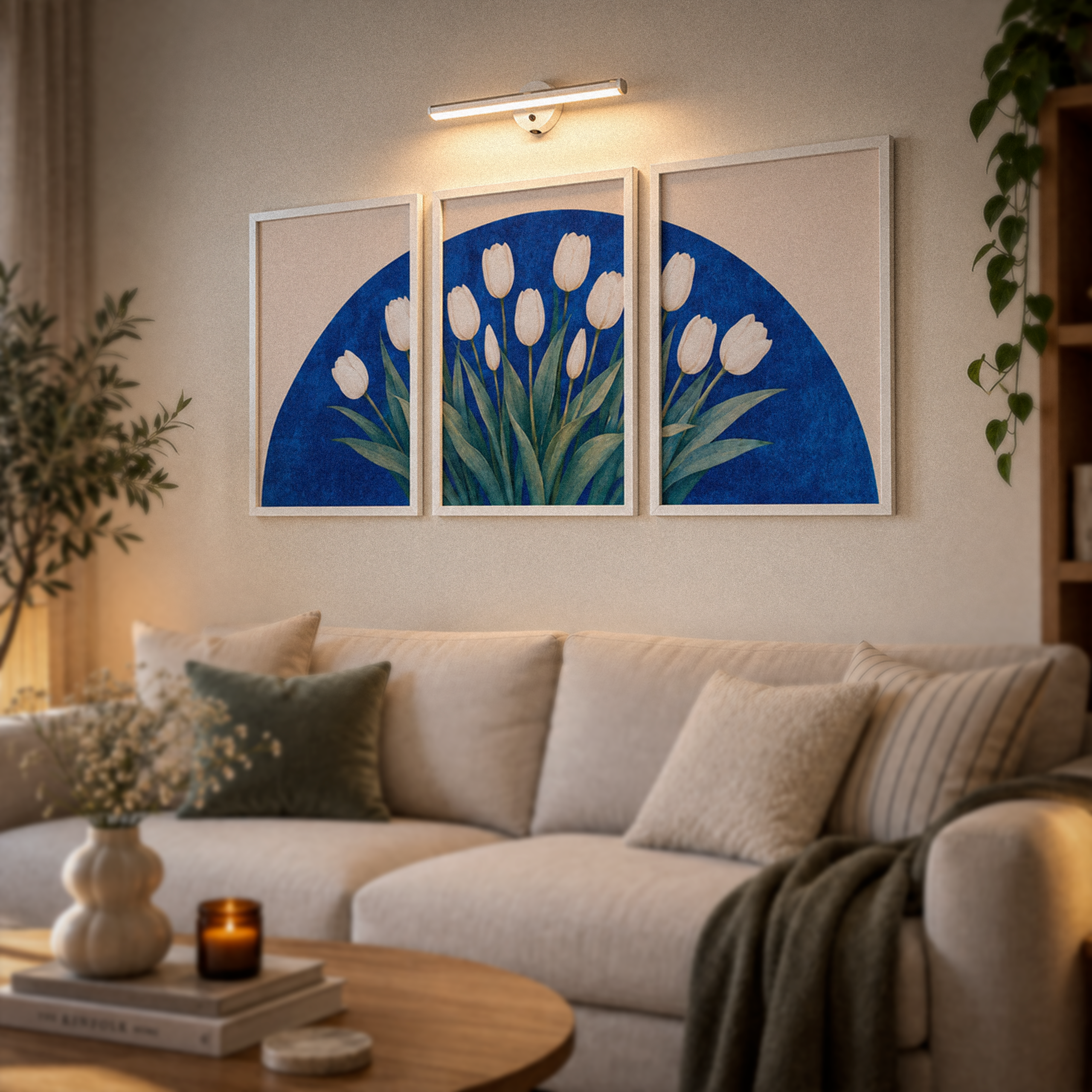 mavi-yelpaze-montaj Yelpaze Çiçek Temalı LED Aydınlatmalı Hazır Baskılı Tablo Seti – 3'lü – 30x40 cm - Görsel 1